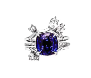 Blue Sapphire Ring with Diamond Insert in Platinum