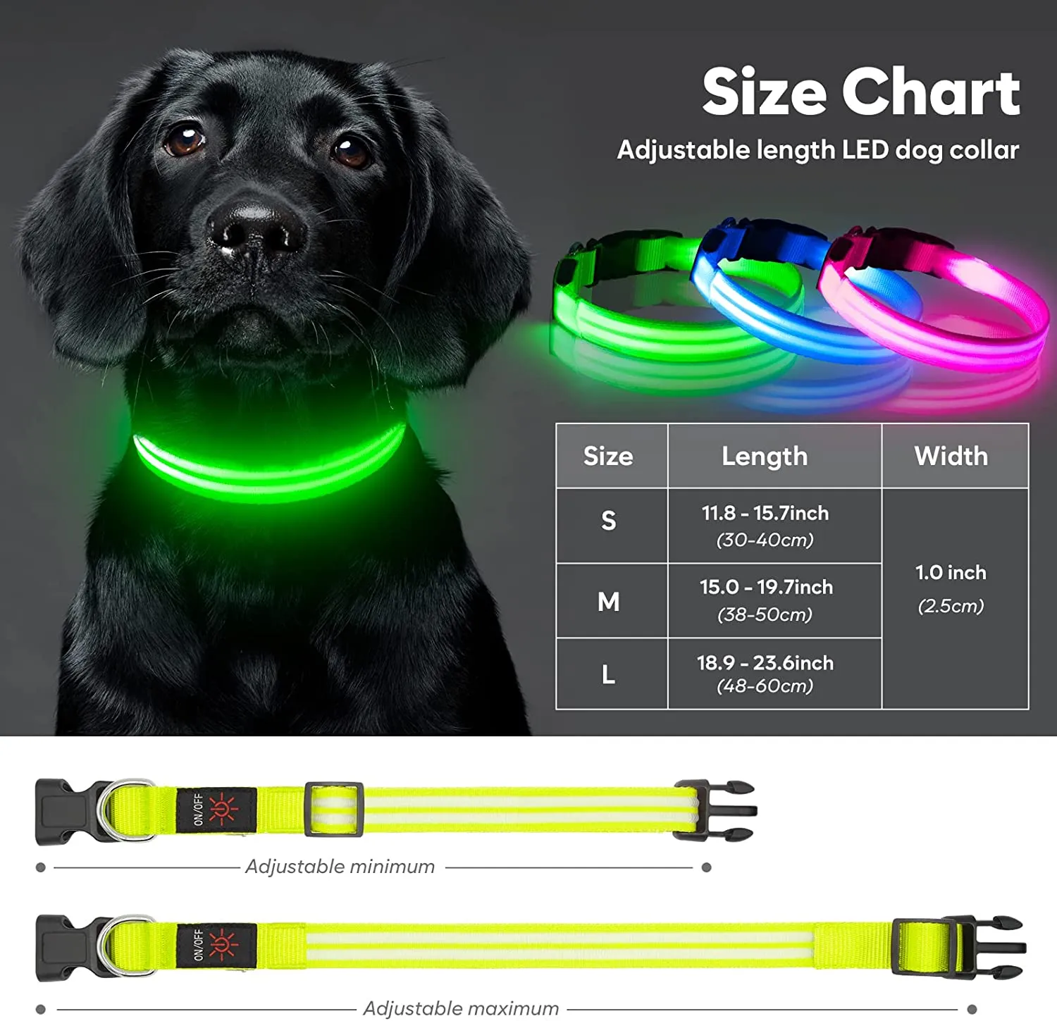 BSEEN Rechargeable LED Dog Collar, Adjustable Light Up Dog Collar Glow in The Dark