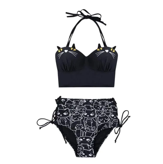 Cat Face Black Bikini Swimsuit