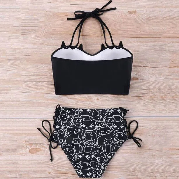 Cat Face Black Bikini Swimsuit