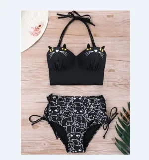 Cat Face Black Bikini Swimsuit