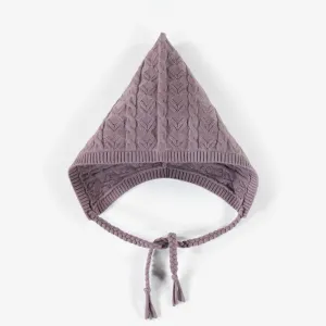 Chapeau de maille mauve avec cordons, naissance || Purple knitted hat with cords, newborn