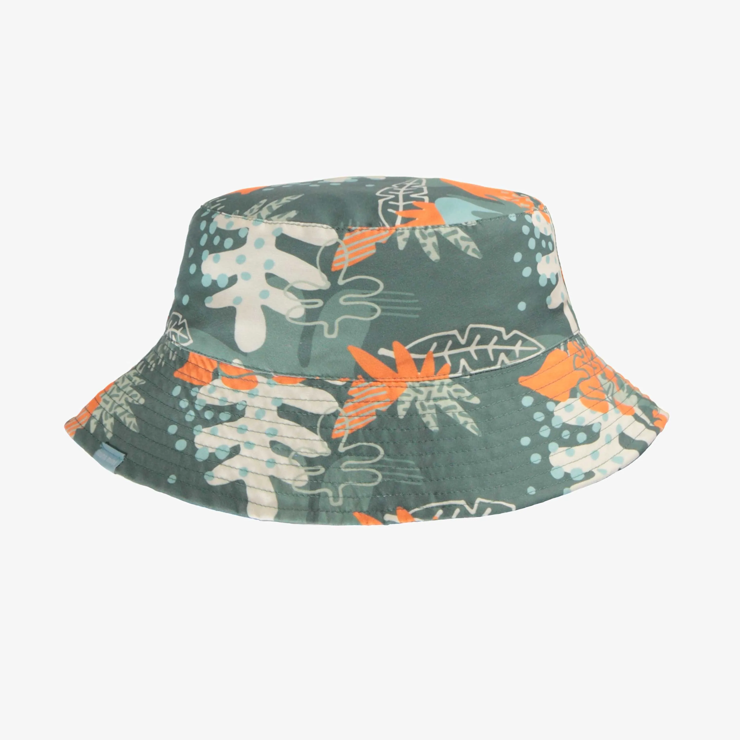 Chapeau de soleil vert réversible à motif de feuilles tropicales, enfant || Green reversible bucket hat with tropical leaf pattern, child