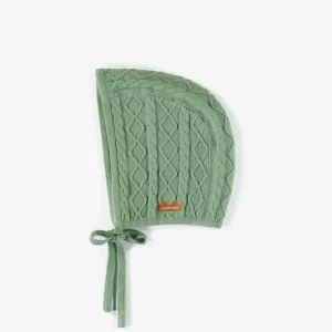 Chapeau vert en maille avec cordons, naissance || green knitted hat with cords, newborn