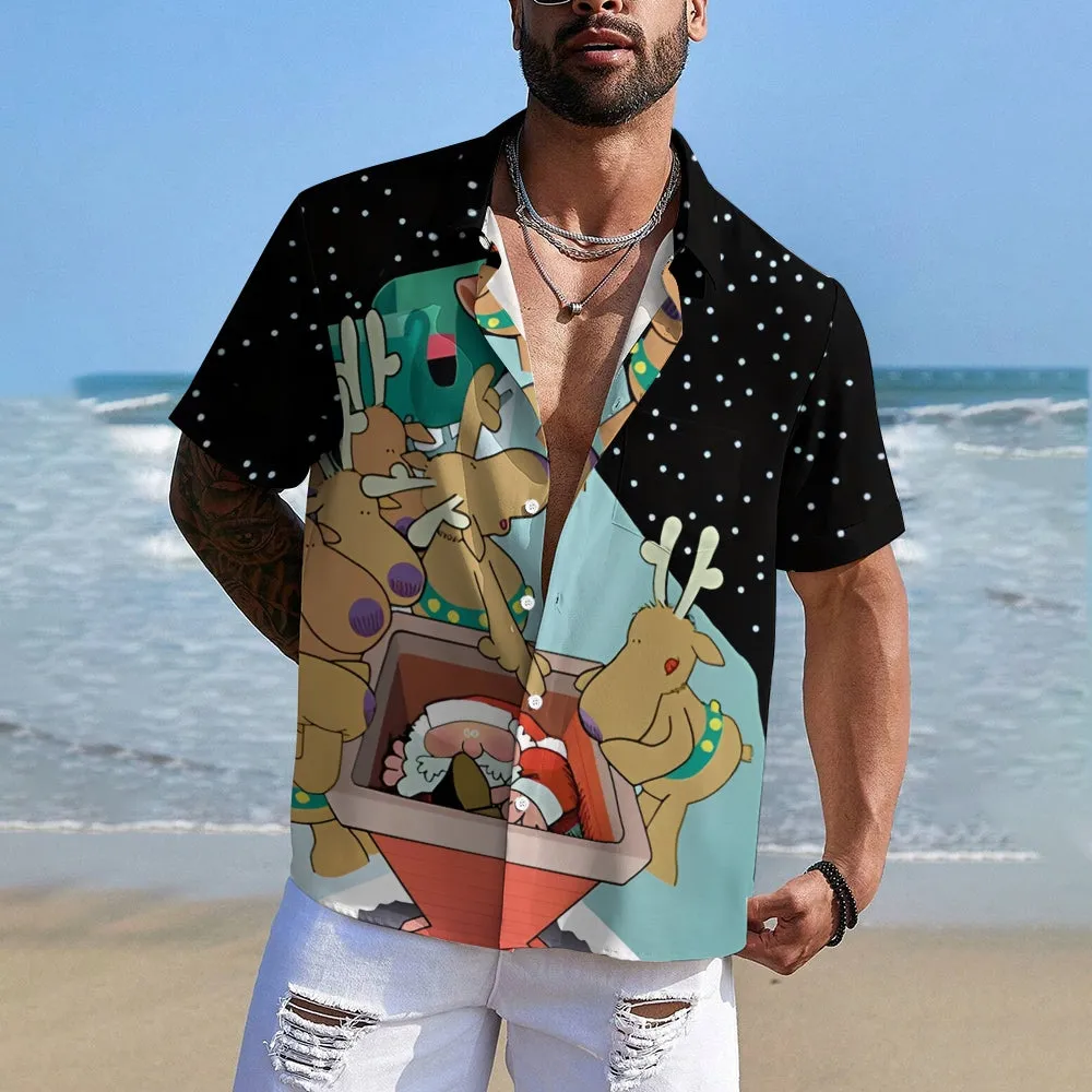 Christmas Fun Reindeers and Santa Claus Casual Short Sleeve Shirt 2412004885