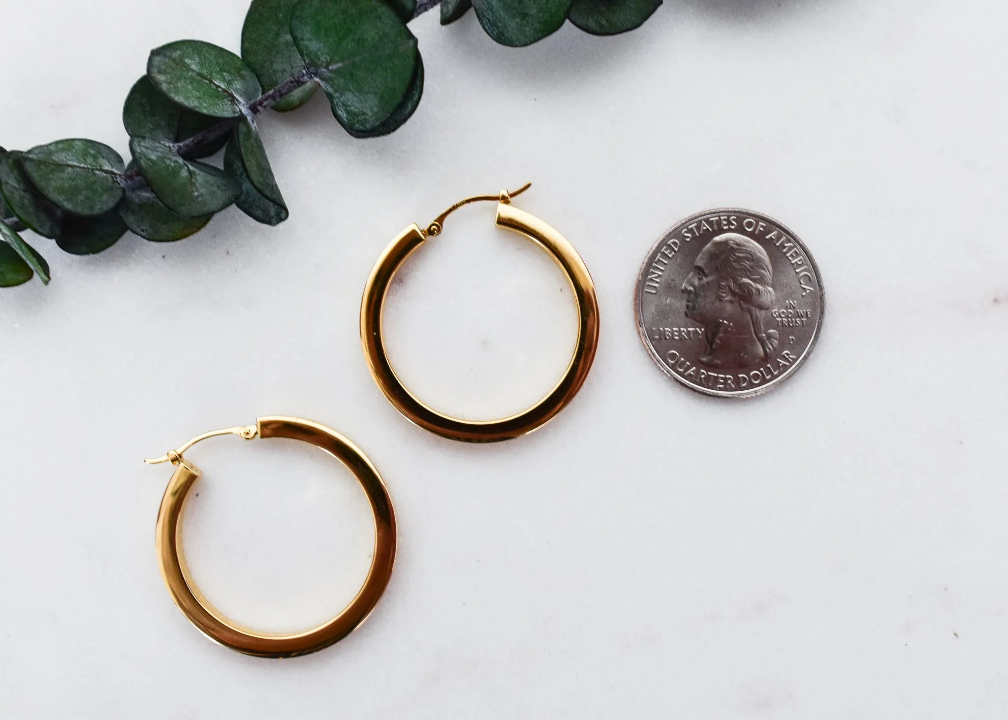 Classic Square Tube Yellow Gold Hoop Earrings 30mm
