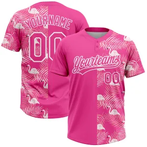 Custom Pink White 3D Pattern Tropical Palm Leaves And Famingo Two-Button Unisex Softball Jersey