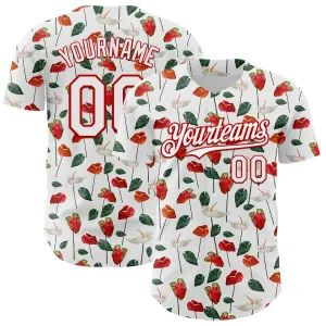 Custom White Red 3D Pattern Design Tropical Anthurium Flower Authentic Baseball Jersey