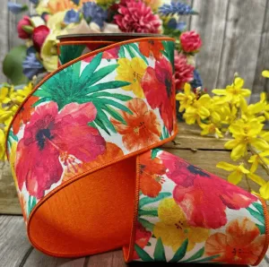 D. Stevens 4" Dupioni Watercolor Tropical Palm Hibiscus: Multi Color (10 Yards) 05-1014