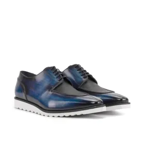 Derbie Chasse en cuir patiné bleu et daim gras - Semelles Sport