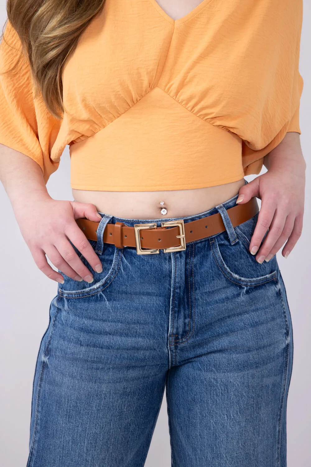 Double Buckle Belt for Women in Brown Gold | IW27706-DKCOGNAC
