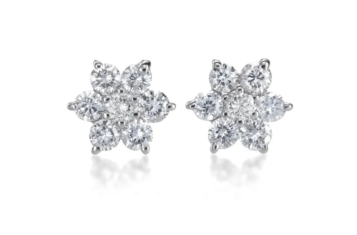 Earrings 1.40cts Diamonds Flower Cluster 18kt Gold