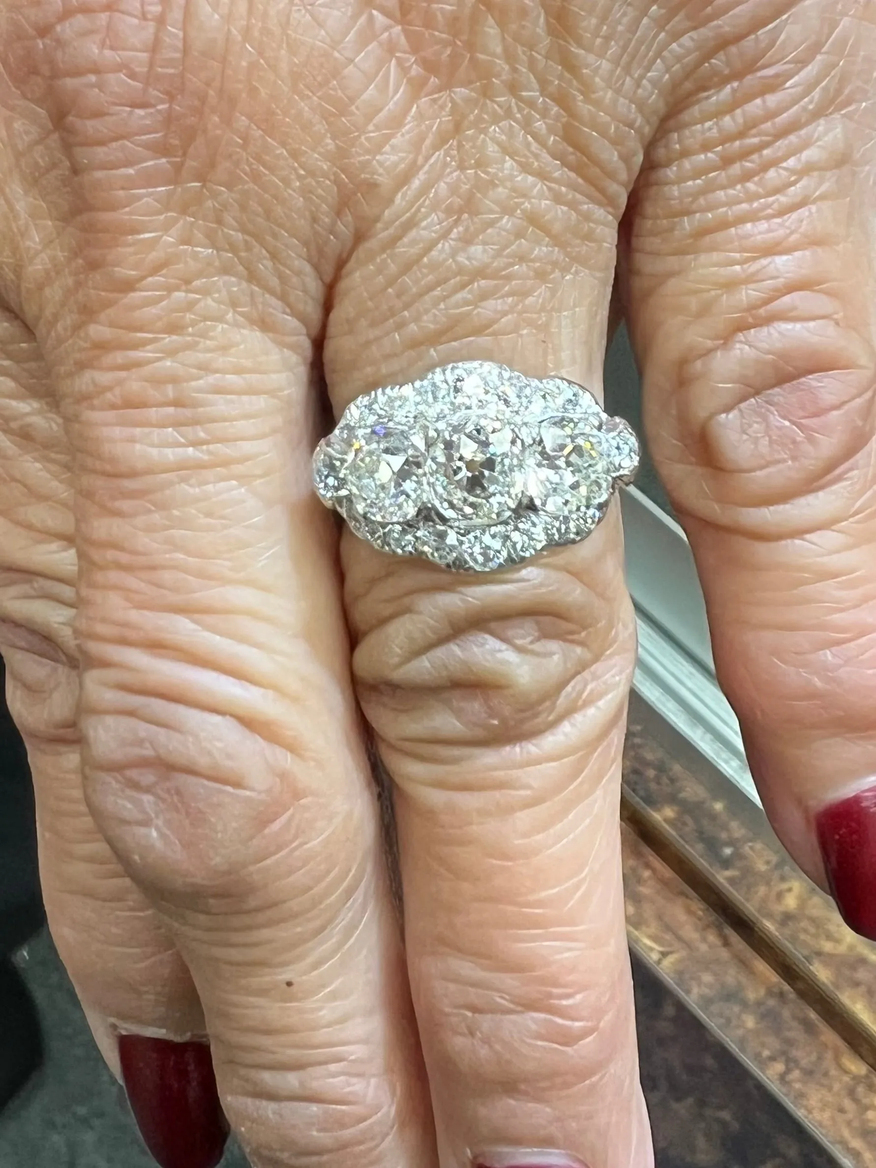 Edwardian Old Mine Cut Diamond Three Stone Platinum Ring Circa 1910