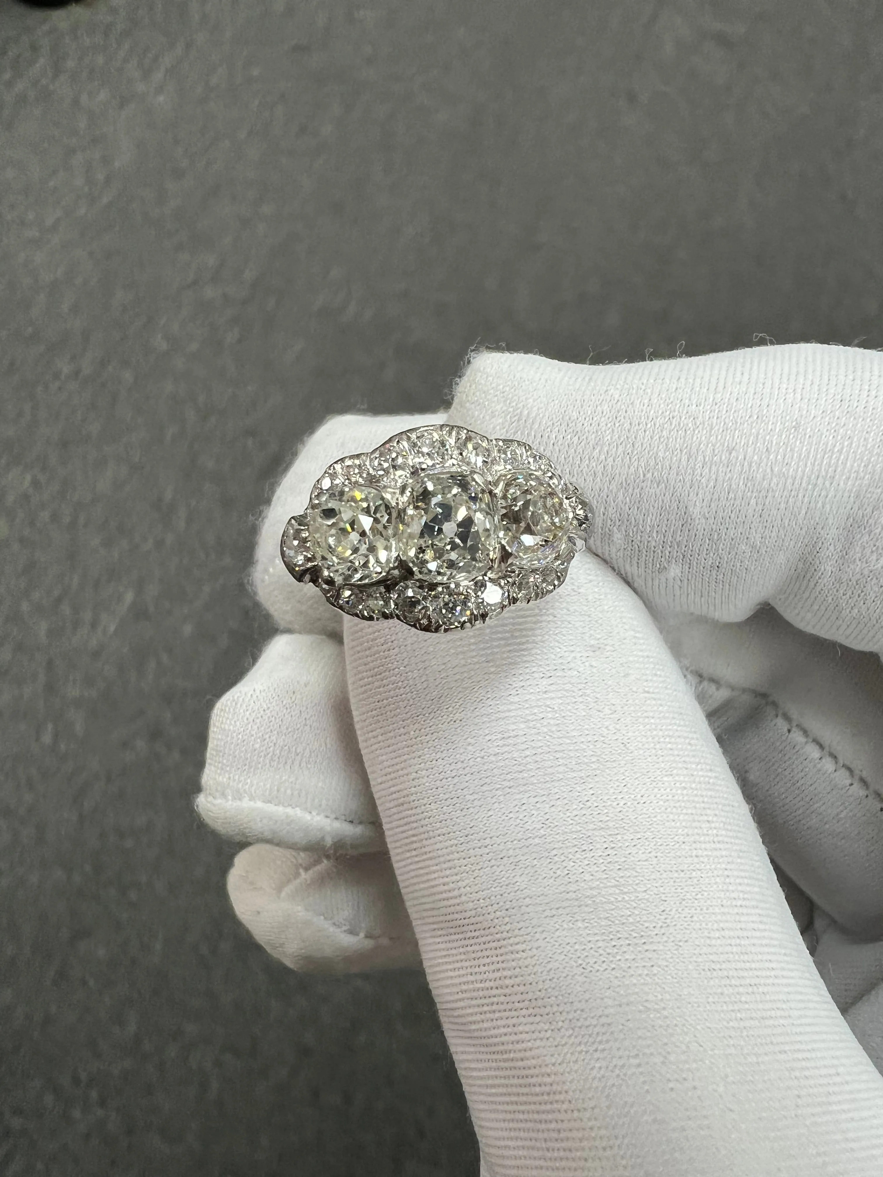 Edwardian Old Mine Cut Diamond Three Stone Platinum Ring Circa 1910