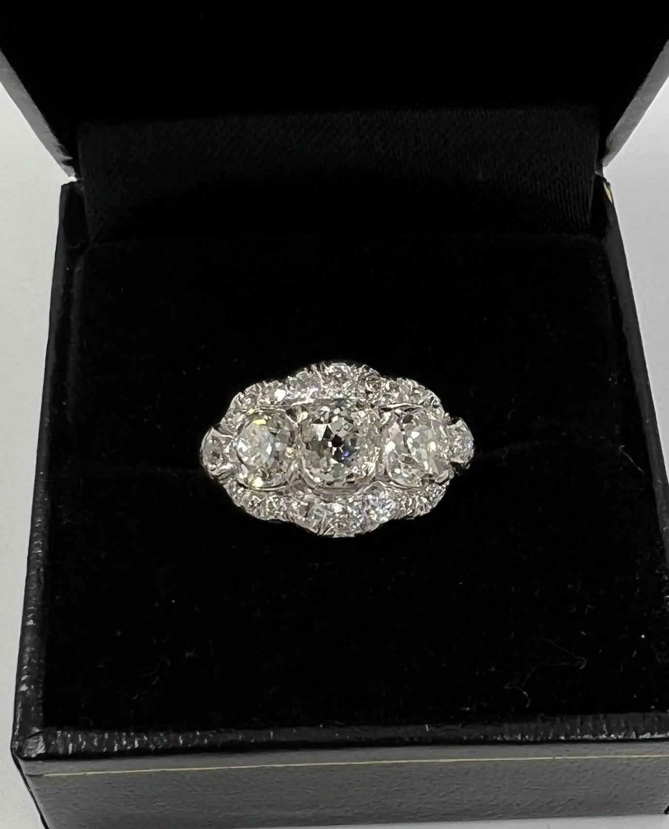 Edwardian Old Mine Cut Diamond Three Stone Platinum Ring Circa 1910
