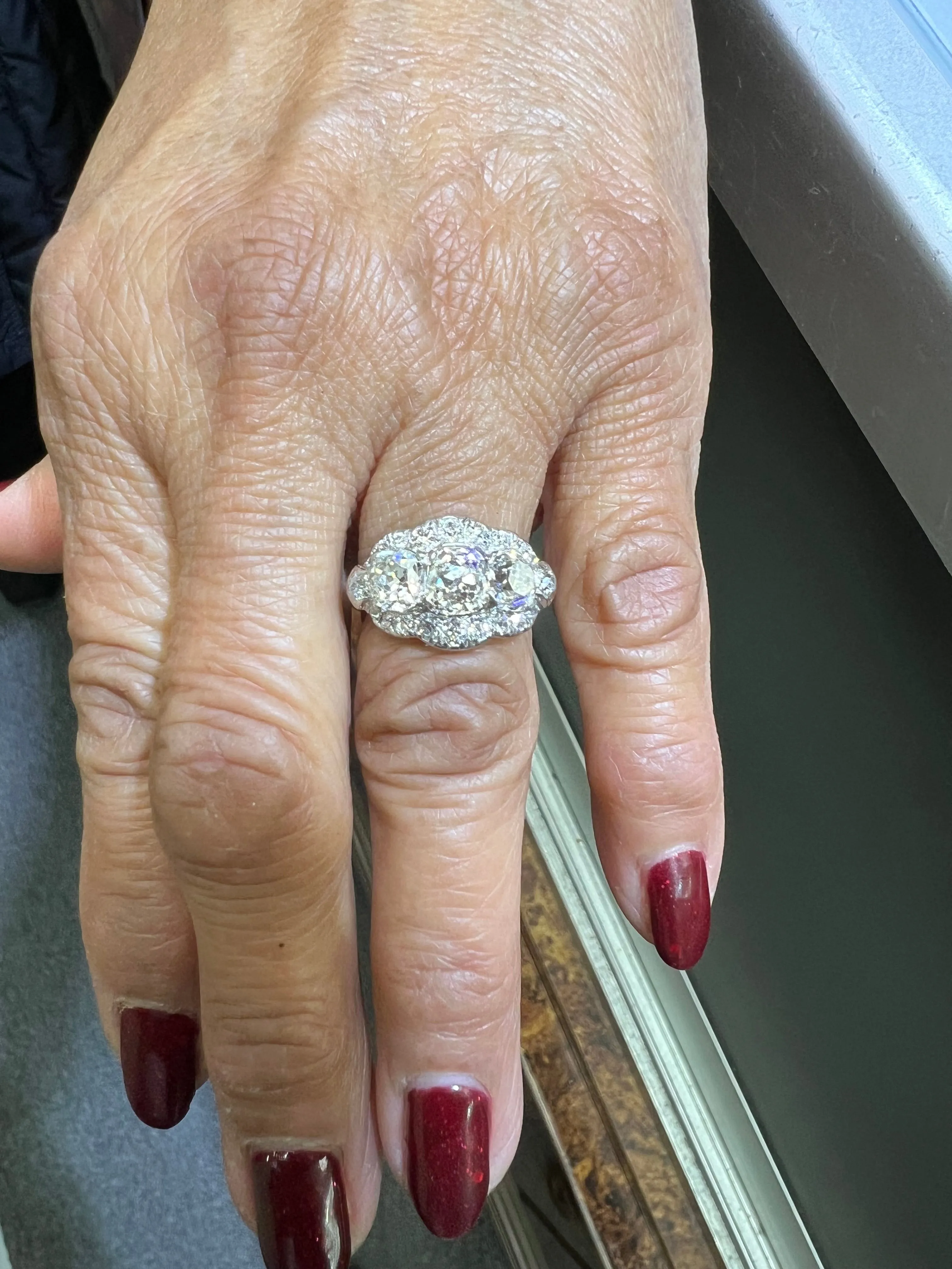 Edwardian Old Mine Cut Diamond Three Stone Platinum Ring Circa 1910