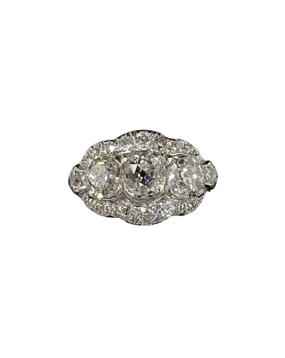 Edwardian Old Mine Cut Diamond Three Stone Platinum Ring Circa 1910