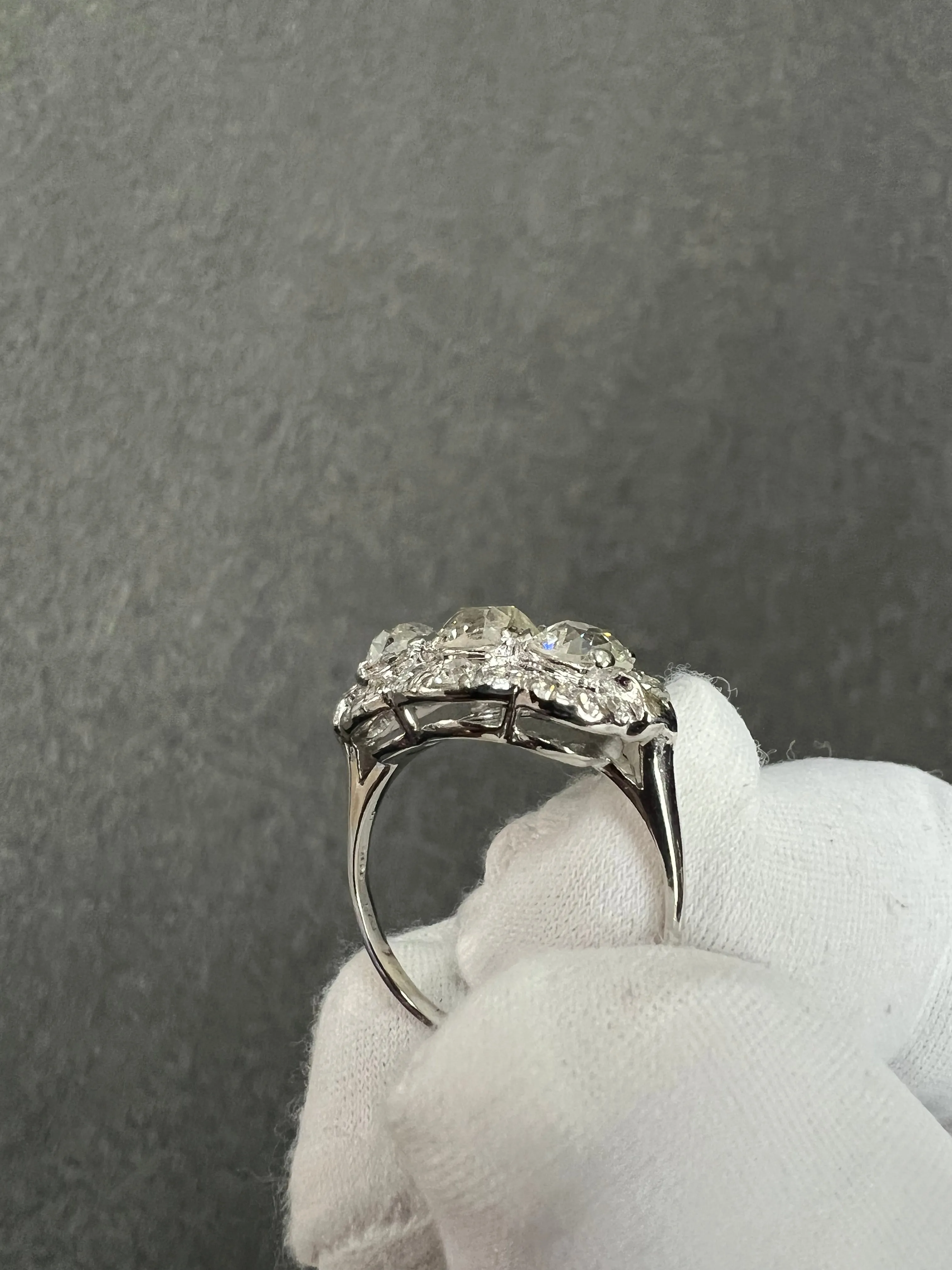 Edwardian Old Mine Cut Diamond Three Stone Platinum Ring Circa 1910