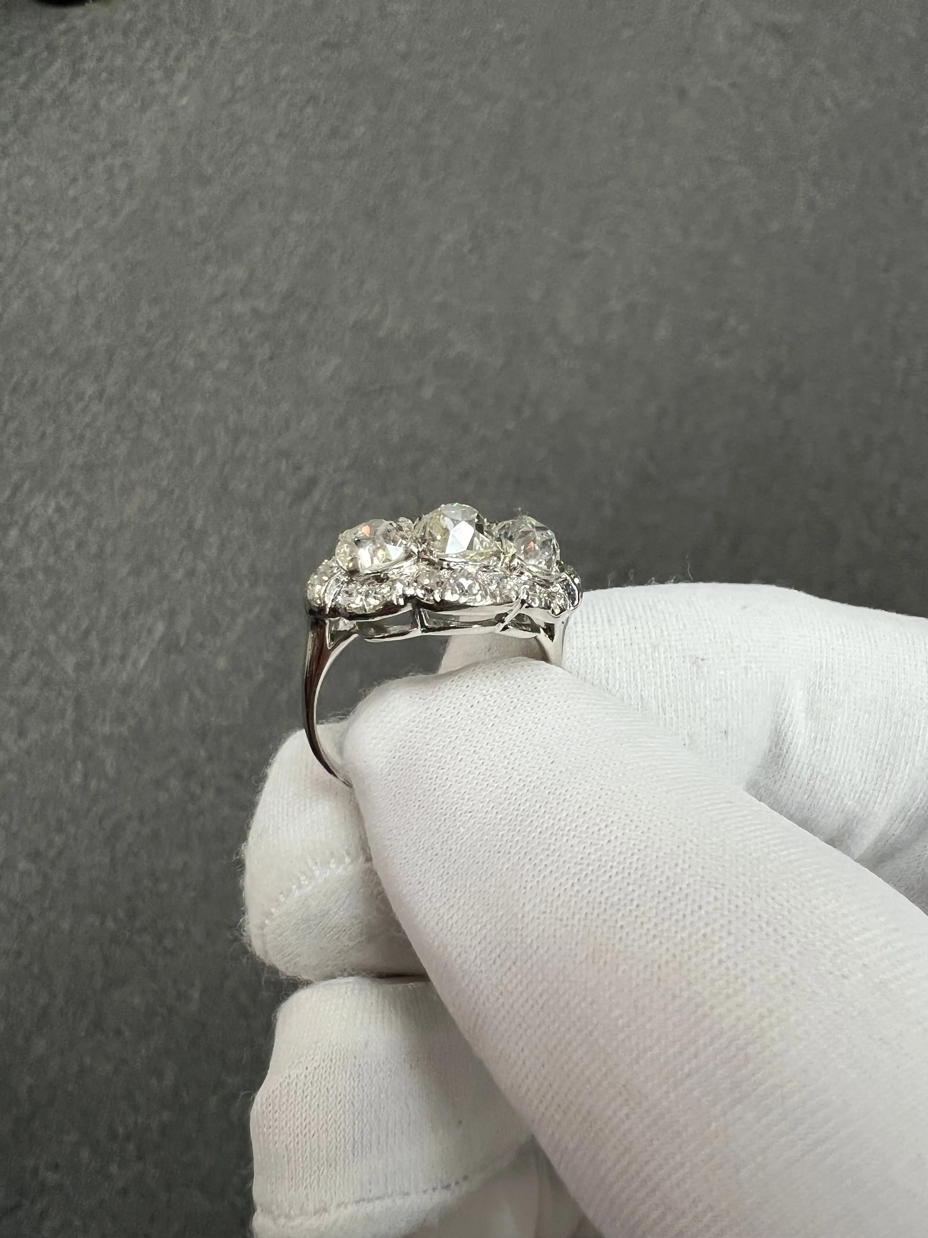 Edwardian Old Mine Cut Diamond Three Stone Platinum Ring Circa 1910