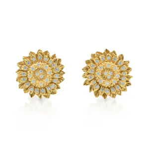 Estate 1960s 18KT Gold And Diamond Sunflower Earrings