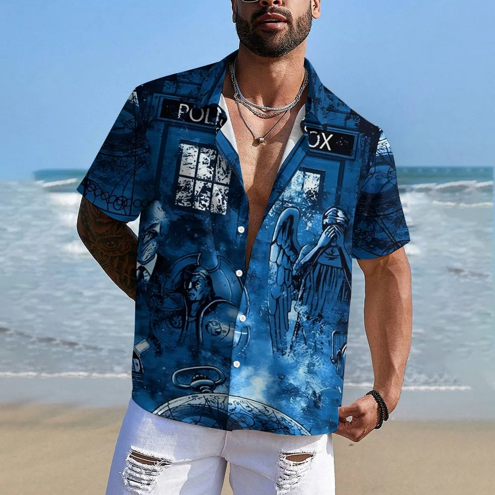 Eye-catching sci-fi Mr. Mystery watch Devil and Angel Doctor Time Travel Box Print Hawaiian Short Sleeve Shirt 2404001867
