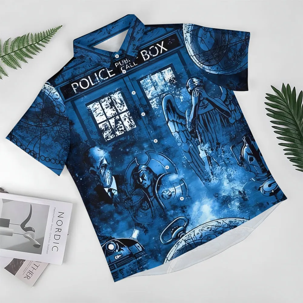 Eye-catching sci-fi Mr. Mystery watch Devil and Angel Doctor Time Travel Box Print Hawaiian Short Sleeve Shirt 2404001867