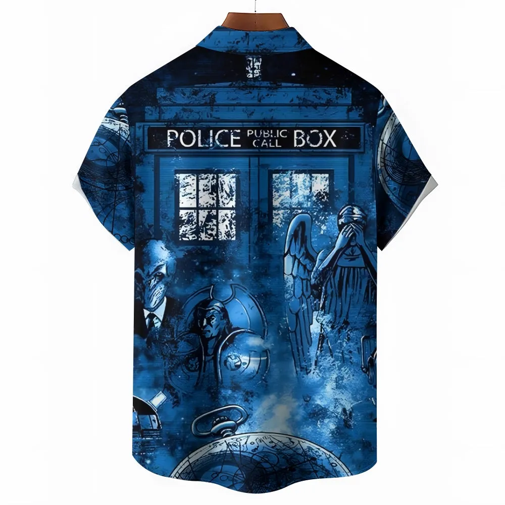 Eye-catching sci-fi Mr. Mystery watch Devil and Angel Doctor Time Travel Box Print Hawaiian Short Sleeve Shirt 2404001867