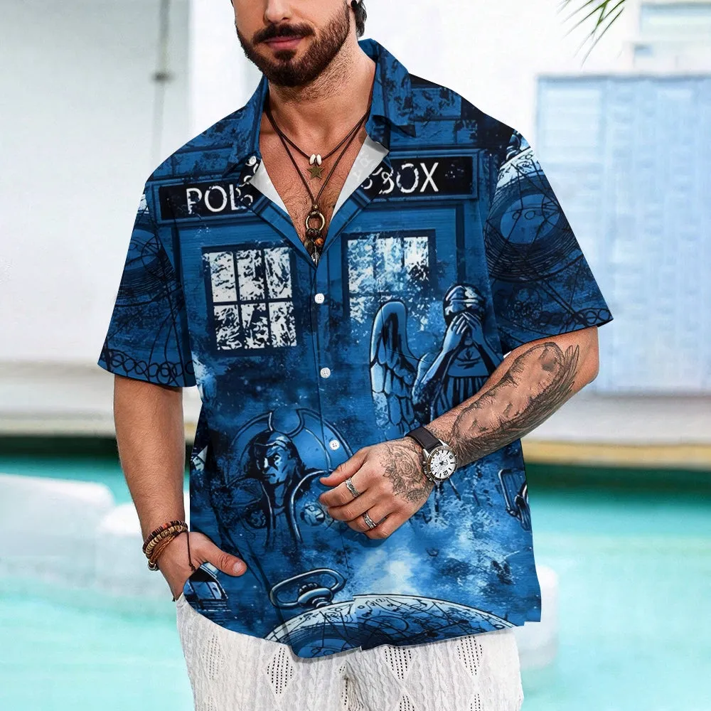 Eye-catching sci-fi Mr. Mystery watch Devil and Angel Doctor Time Travel Box Print Hawaiian Short Sleeve Shirt 2404001867
