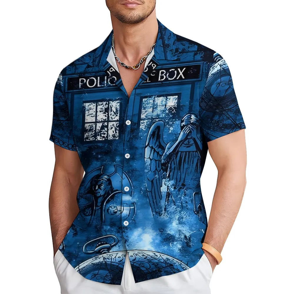 Eye-catching sci-fi Mr. Mystery watch Devil and Angel Doctor Time Travel Box Print Hawaiian Short Sleeve Shirt 2404001867