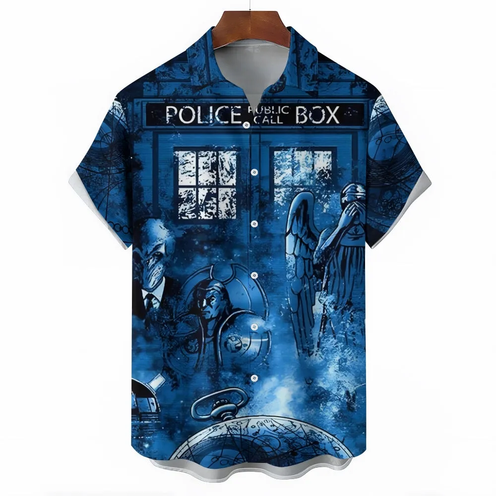Eye-catching sci-fi Mr. Mystery watch Devil and Angel Doctor Time Travel Box Print Hawaiian Short Sleeve Shirt 2404001867