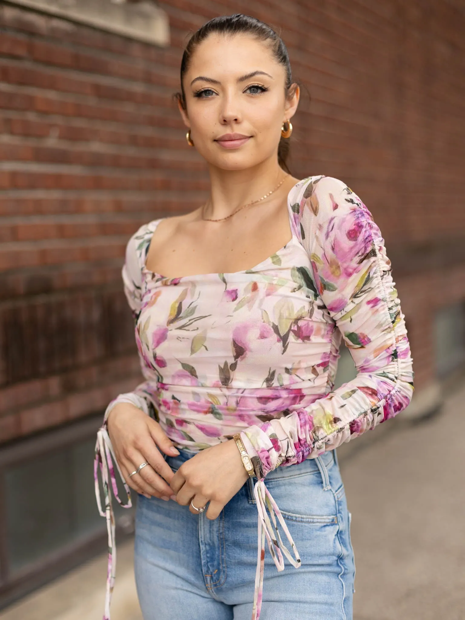 Floral Mesh Ruched Bodysuit