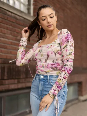 Floral Mesh Ruched Bodysuit