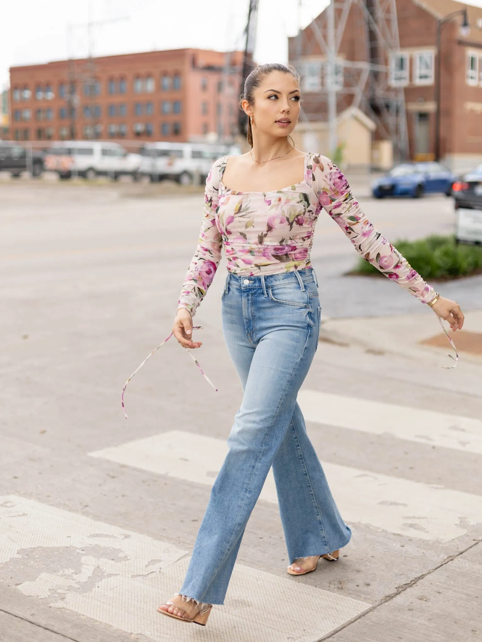 Floral Mesh Ruched Bodysuit