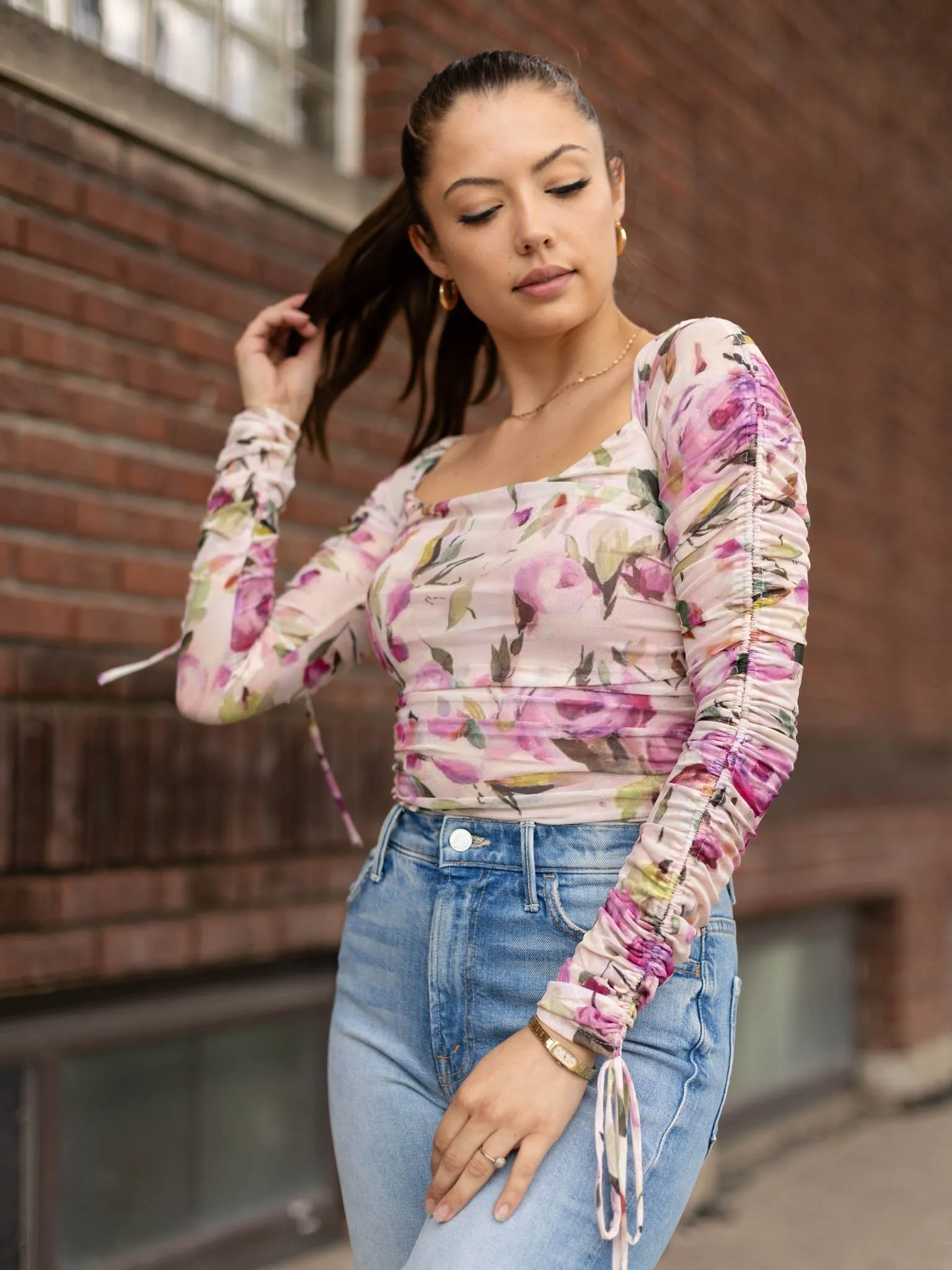Floral Mesh Ruched Bodysuit