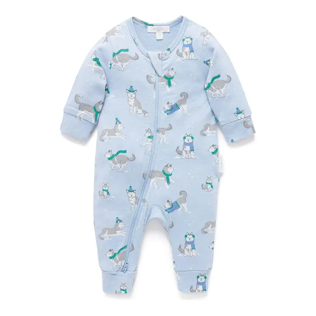 Footless Zip 1 Growsuit Frolicking Huskies Print