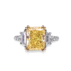 GIA Certified 3 Stone Ring with 5.02ct Fancy Intense Yellow Radiant Cut