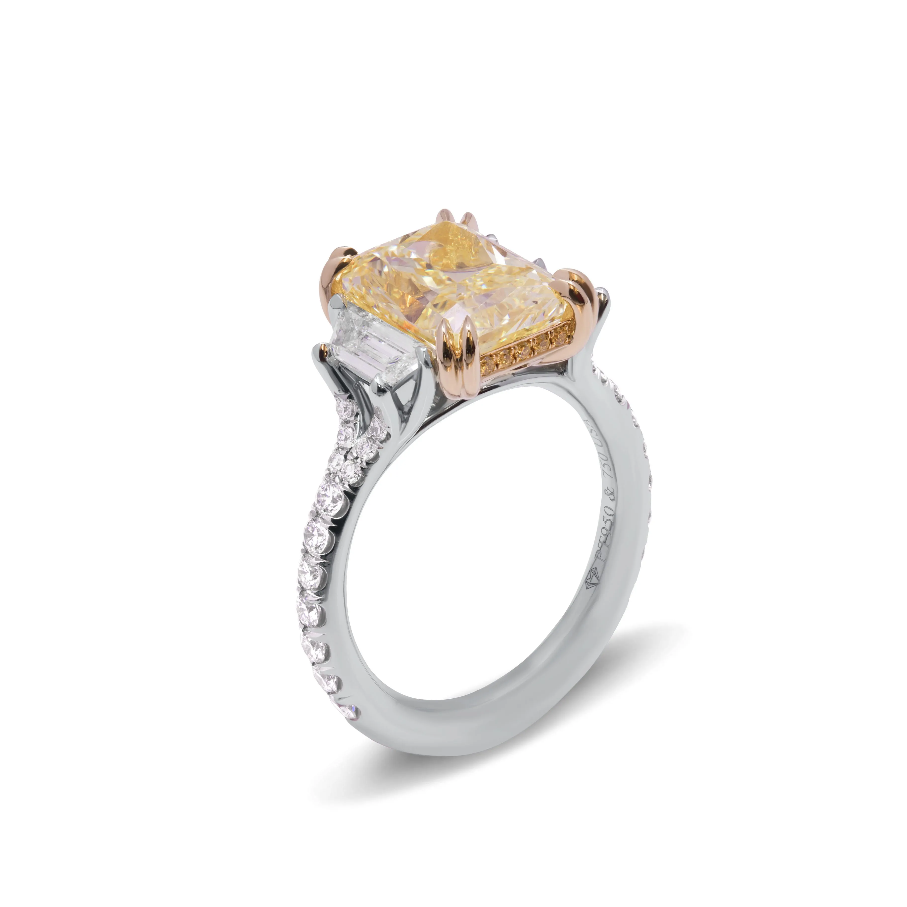 GIA Certified 3 Stone Ring with 5.02ct Fancy Intense Yellow Radiant Cut