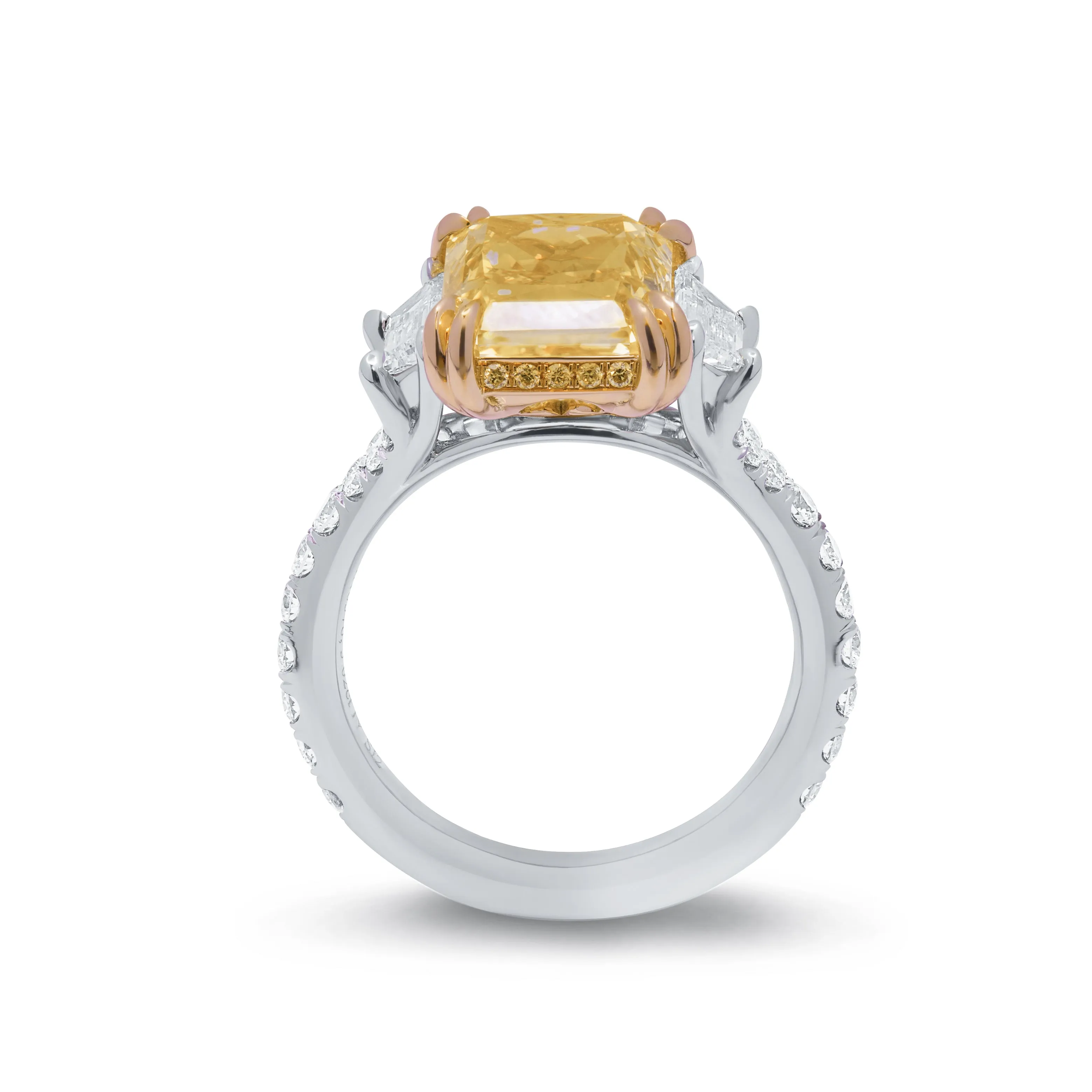 GIA Certified 3 Stone Ring with 5.02ct Fancy Intense Yellow Radiant Cut