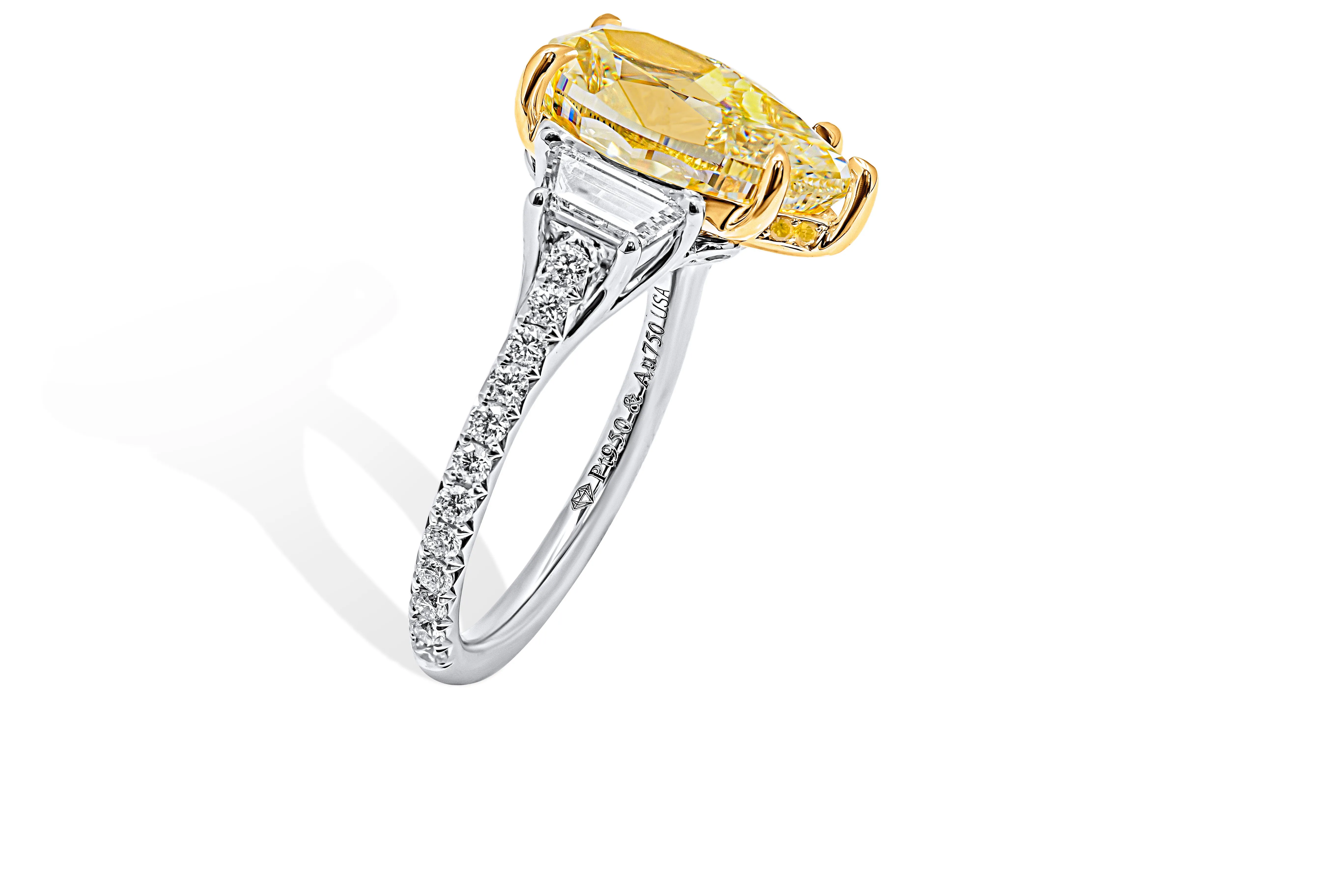 GIA Certified 3 Stone Ring with 5.02ct Fancy Light Yellow Pear Shape Diamond