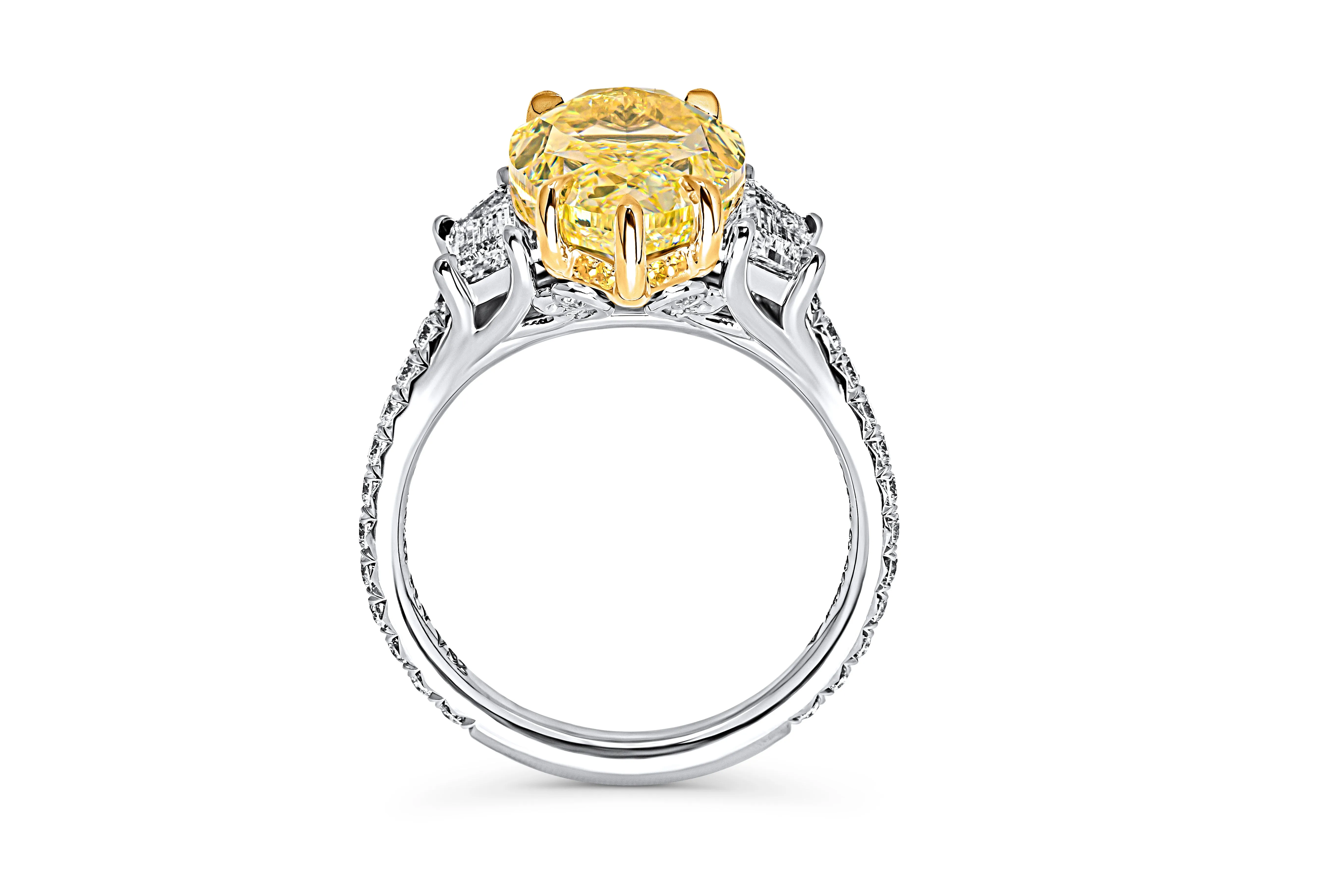 GIA Certified 3 Stone Ring with 5.02ct Fancy Light Yellow Pear Shape Diamond