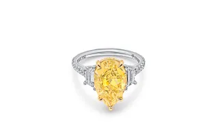 GIA Certified 3 Stone Ring with 5.02ct Fancy Light Yellow Pear Shape Diamond