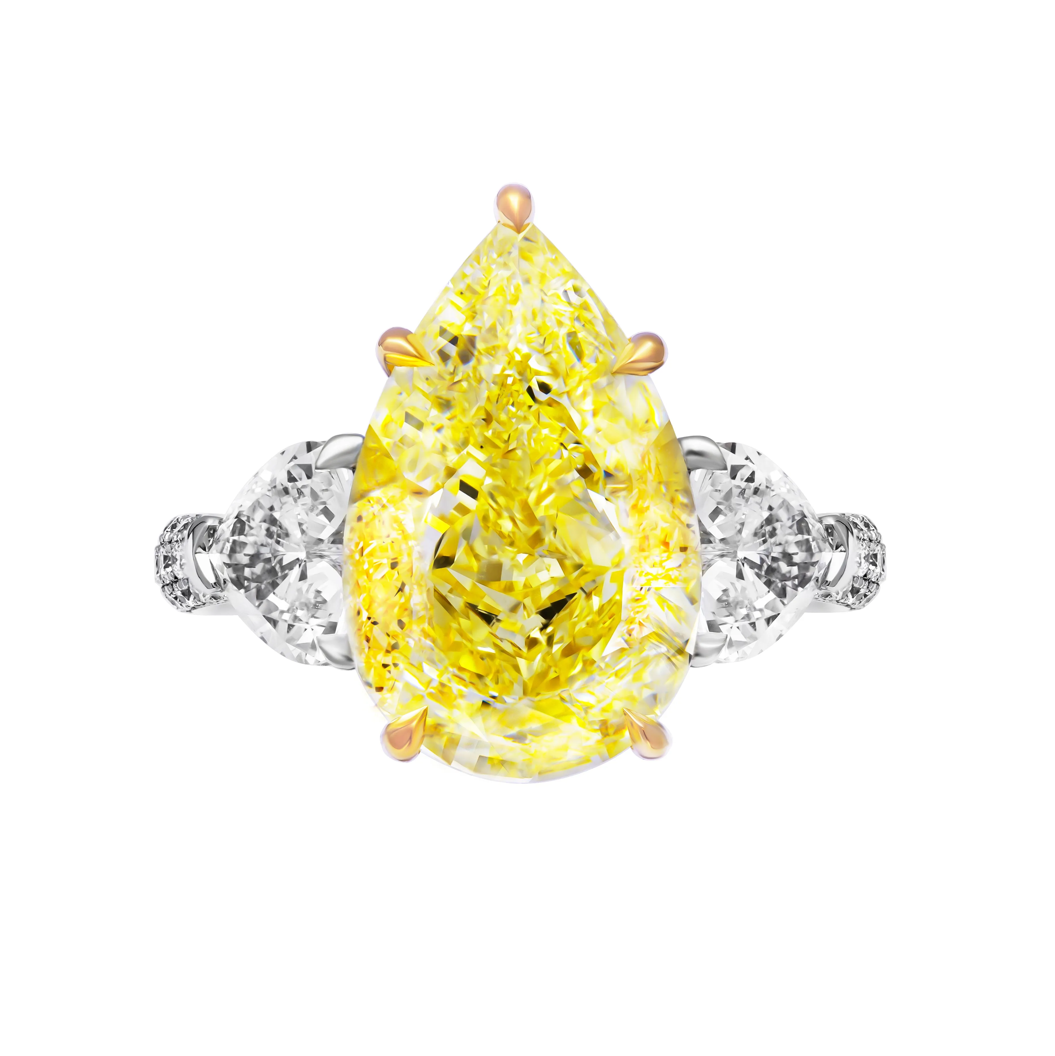 GIA Certified 3 Stone ring with 7.78ct Fancy Yellow Pear Shape Diamond