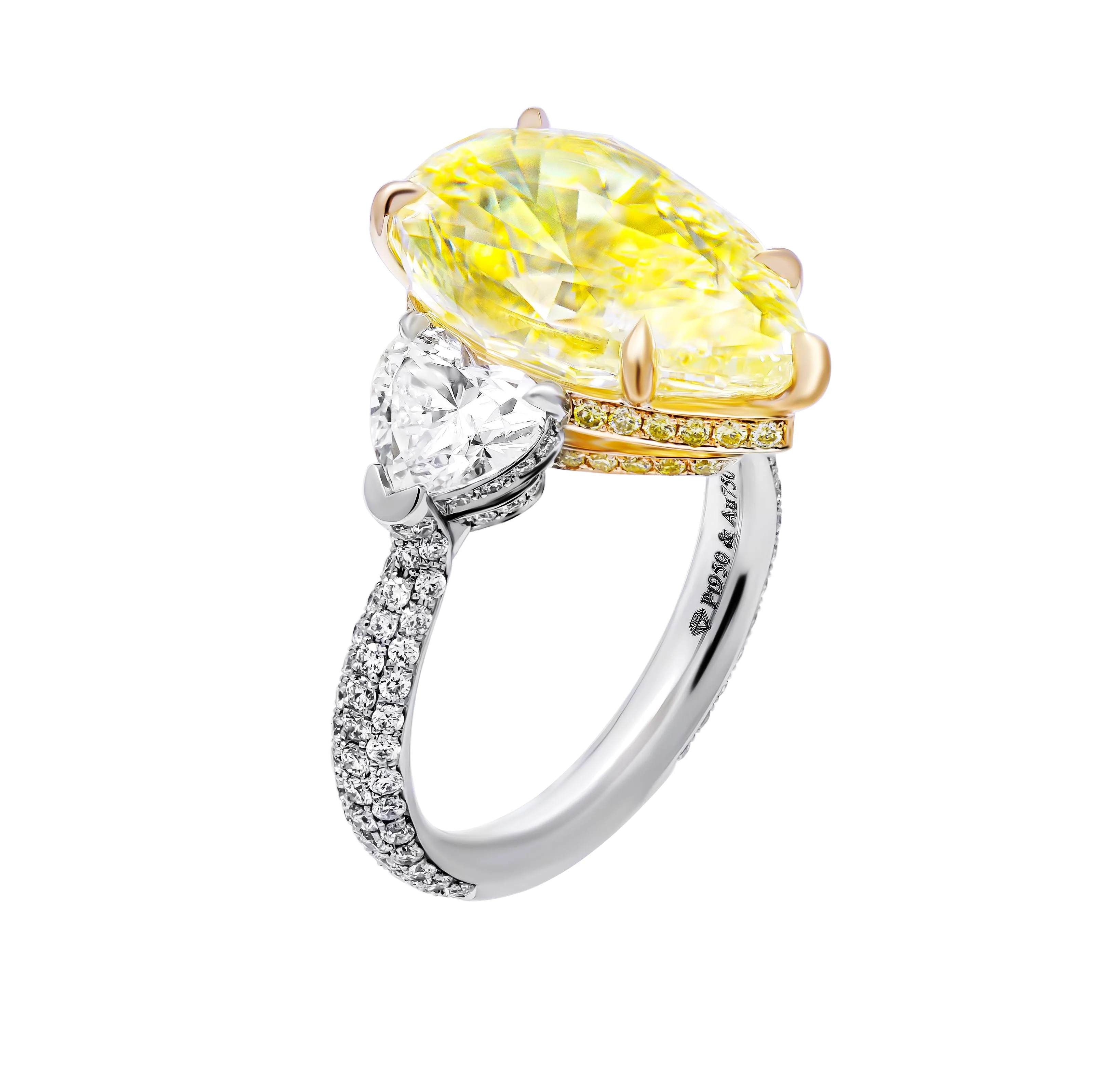 GIA Certified 3 Stone ring with 7.78ct Fancy Yellow Pear Shape Diamond