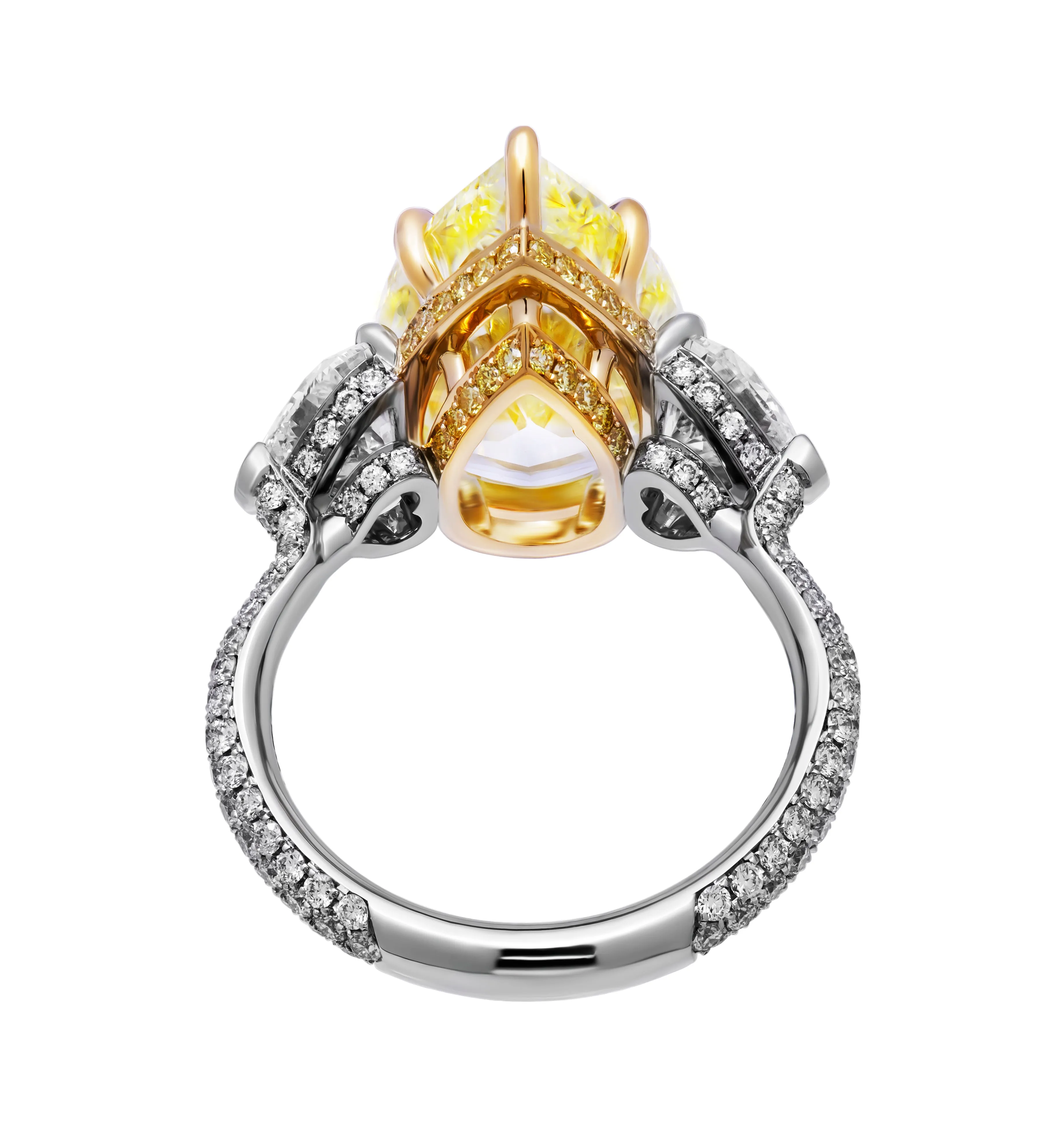 GIA Certified 3 Stone ring with 7.78ct Fancy Yellow Pear Shape Diamond