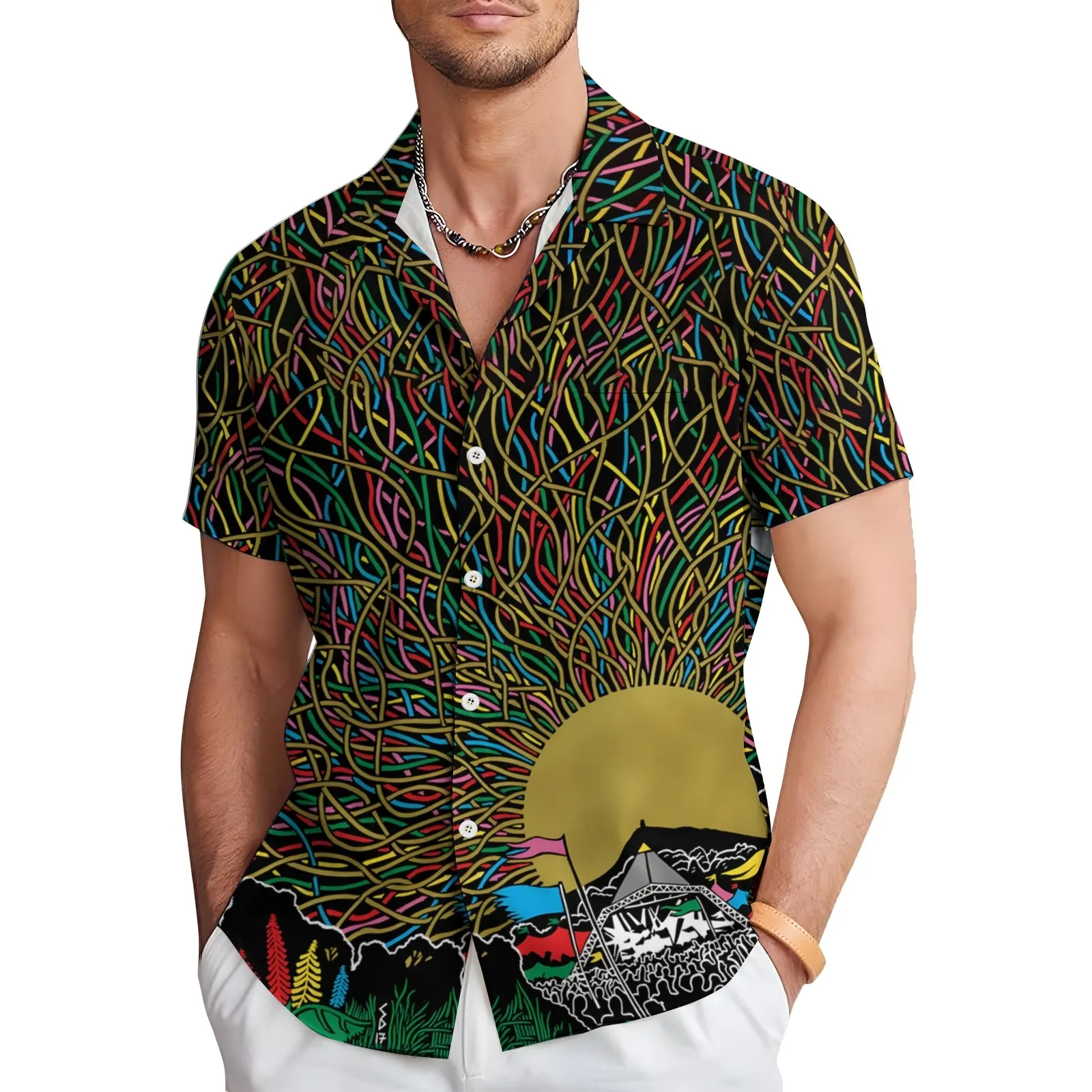 Glastonbury Festival Inspired Art Print Casual Short Sleeve Shirt 2404000879