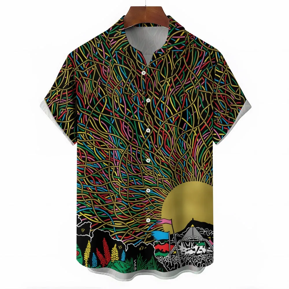 Glastonbury Festival Inspired Art Print Casual Short Sleeve Shirt 2404000879