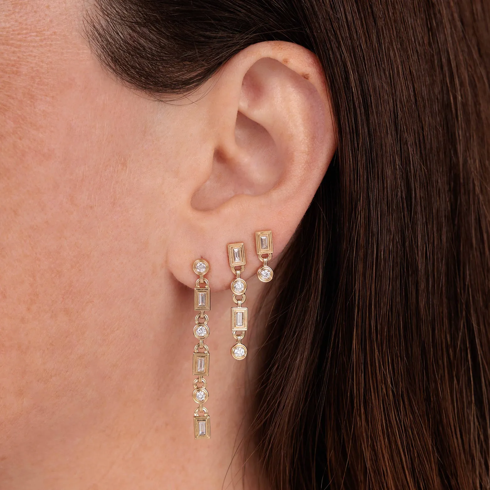 Gold & Diamond Fluted Baguette & Round Long Drop Earring