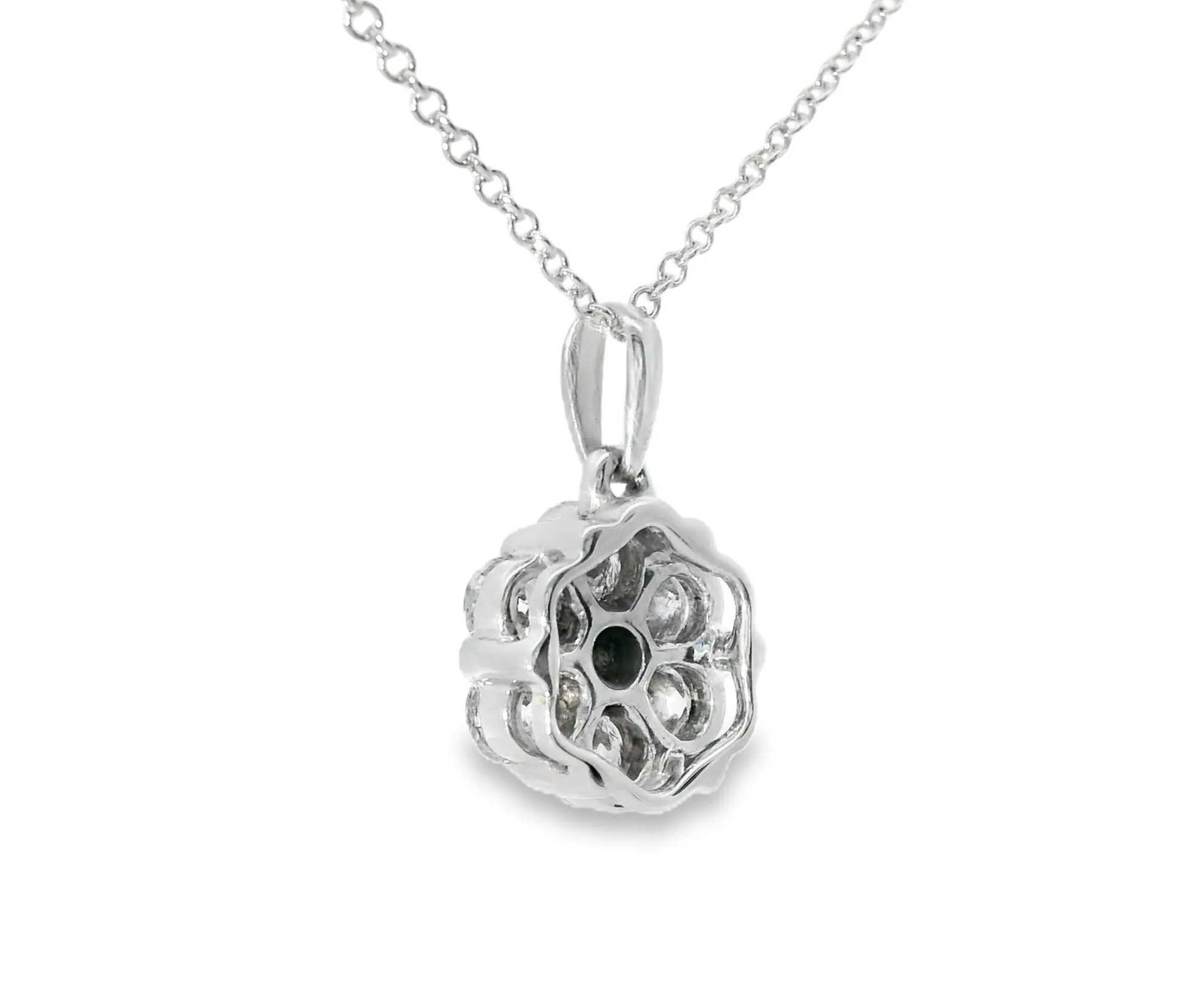 Gorgeous 14K White Gold Black White Diamond Floral Flower Pendant Necklace