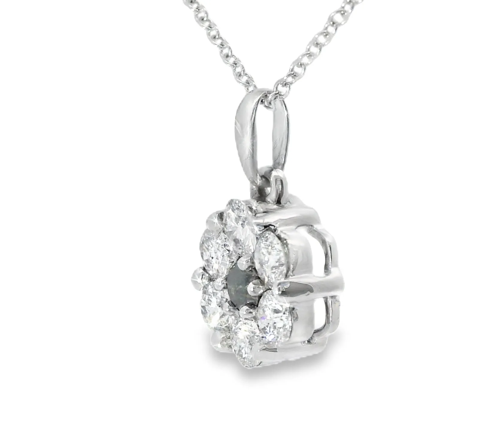 Gorgeous 14K White Gold Black White Diamond Floral Flower Pendant Necklace