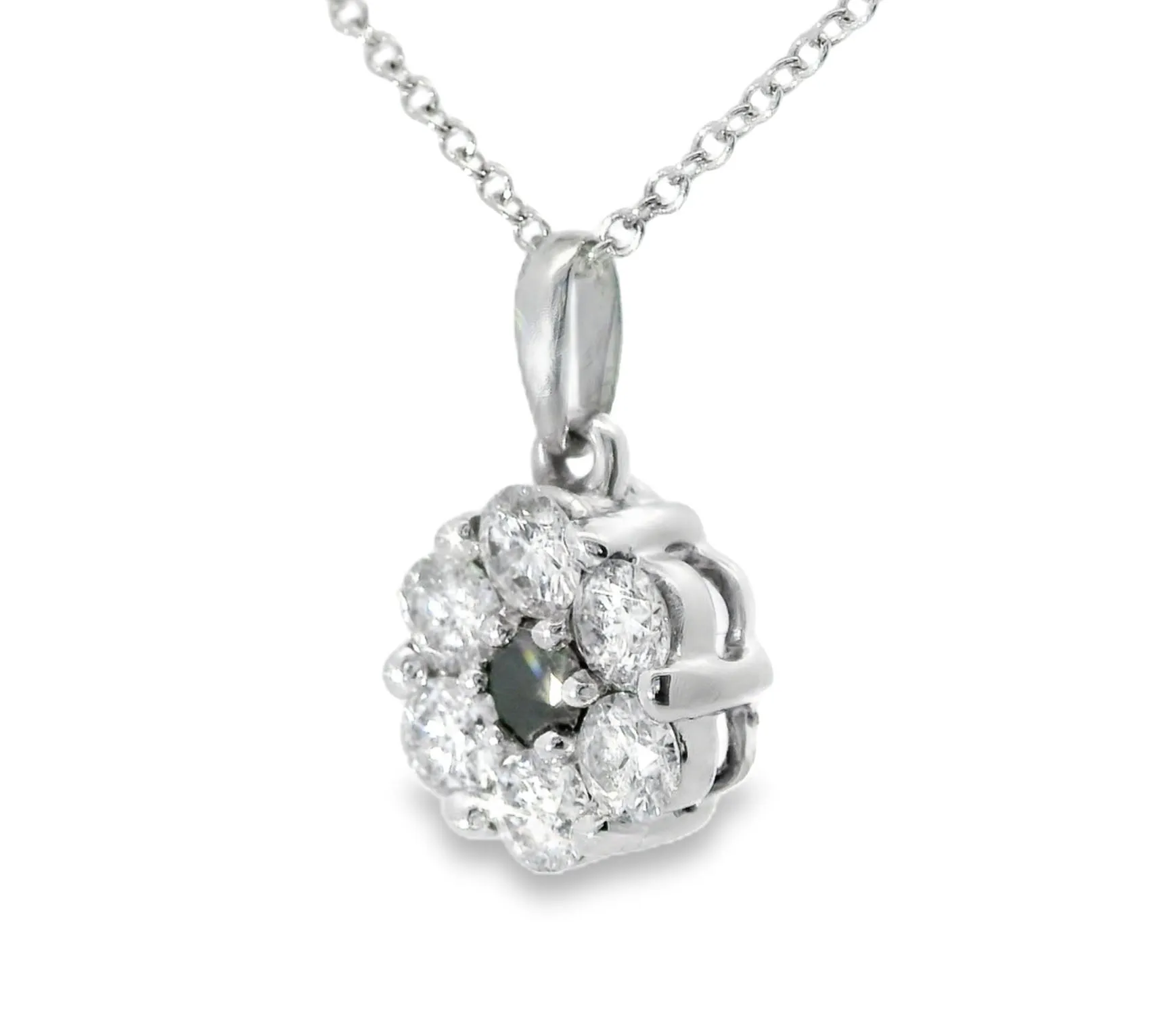 Gorgeous 14K White Gold Black White Diamond Floral Flower Pendant Necklace